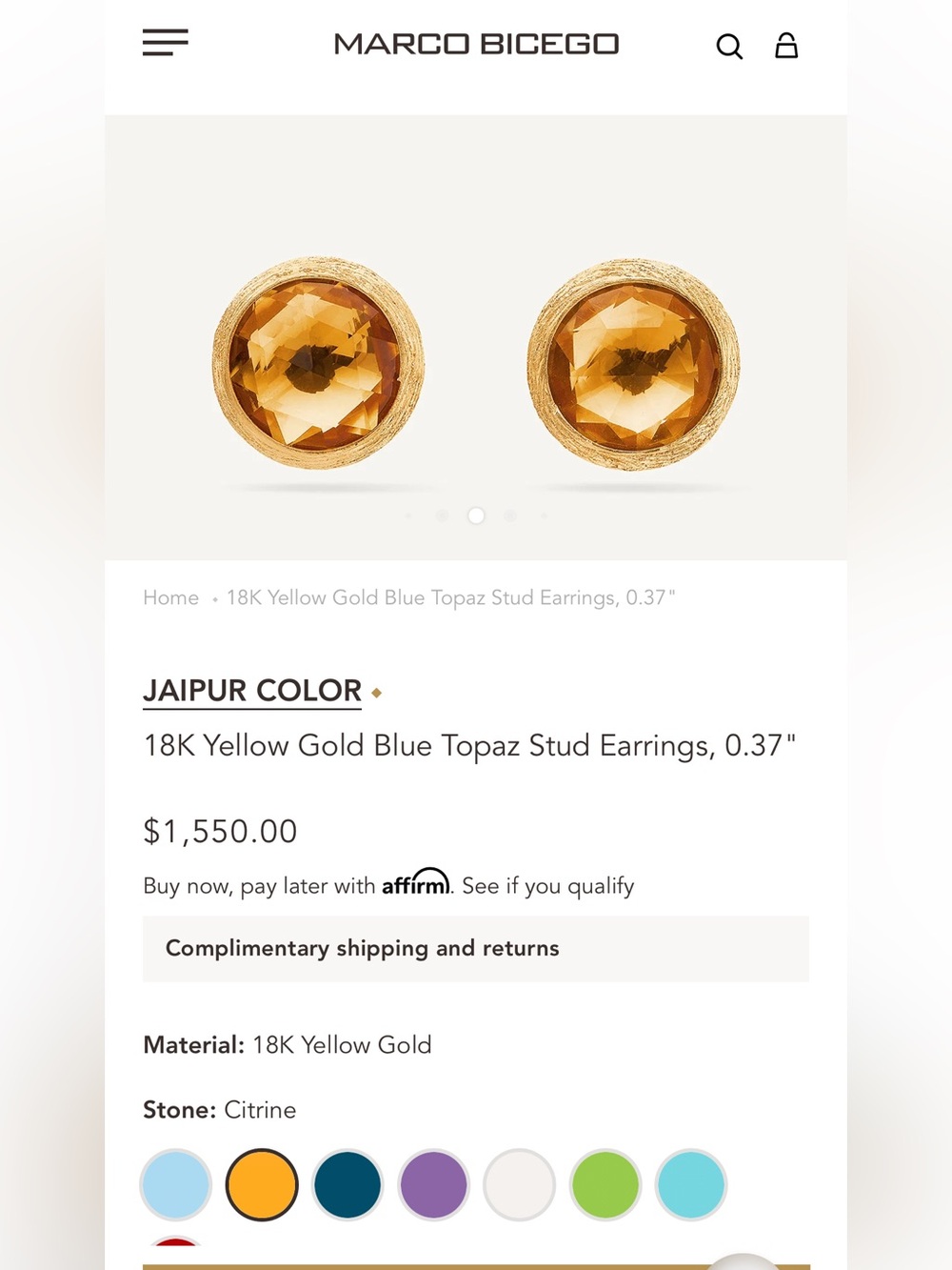 New Marco Bicego 18k Citrine Round Stud Earrings